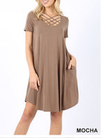 Triple lattice short sleeved swing dress with pockets