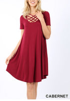 Triple lattice short sleeved swing dress with pockets