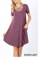 Triple lattice short sleeved swing dress with pockets