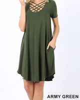 Triple lattice short sleeved swing dress with pockets