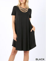 Triple lattice short sleeved swing dress with pockets