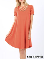 Triple lattice short sleeved swing dress with pockets