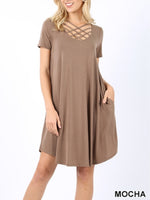 Triple lattice short sleeved swing dress with pockets
