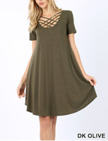 Triple Lattice Short Sleeve Swing dress with Pockets