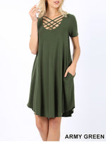 Triple lattice short sleeved swing dress with pockets