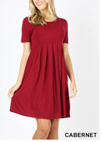 Pleated Waist Short Sleeve Empire dress with Pockets