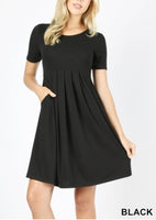 Pleated Waist Short Sleeve Empire dress with Pockets