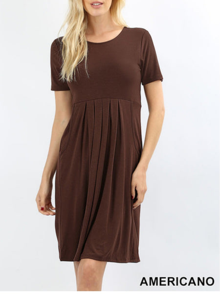 Pleated Waist Short Sleeve Empire dress with Pockets