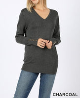 Plus Size V-Neck Sweater w/Sleeve Buttons