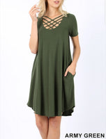 Triple Lattice Short Sleeve Swing dress with Pockets