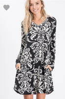 Black and white paisley swing dress with pockets