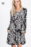 Black and white paisley swing dress with pockets