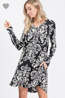 Black and white paisley swing dress with pockets