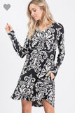 Black and white paisley swing dress with pockets