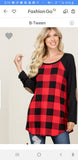 Red plaid long sleeved top with elbow pads