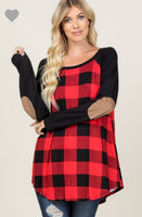 Red plaid long sleeved top with elbow pads