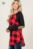 Red plaid long sleeved top with elbow pads