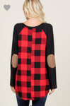 Red plaid long sleeved top with elbow pads