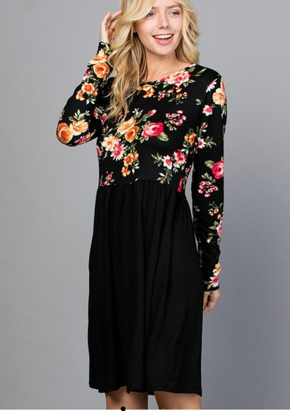 Floral top long sleeved dress with pockets