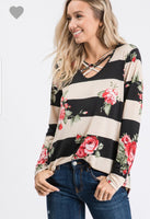 Floral/Striped criss cross front long sleeved top