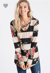 Floral/Striped criss cross front long sleeved top