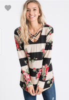 Floral/Striped criss cross front long sleeved top